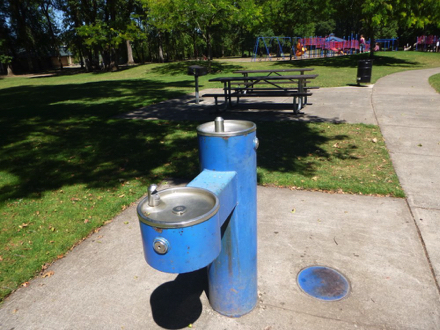 Two-tier drinking fountain located by the playground, picnic area and garbage can